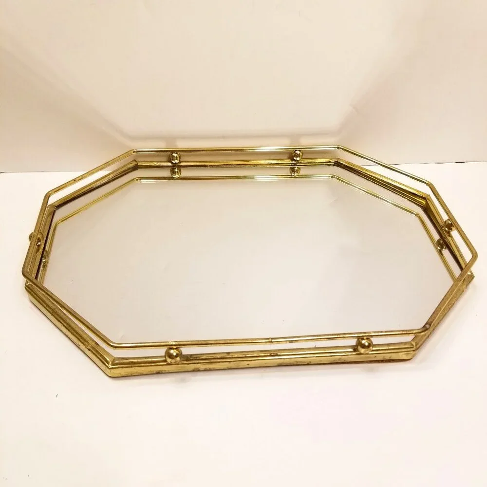 🔻REDUCED❣ Vintage Mirrored Brass Vanity P@rfume Display Octagonal Tray